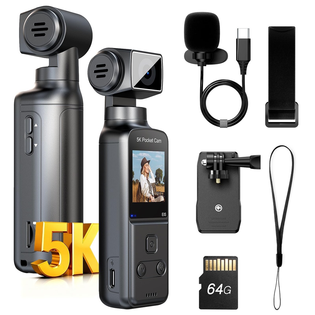 BOBLOV 5K W5 Body Camera, 64GB Mini Action Camera with External Microphone, 270 Rotate 
