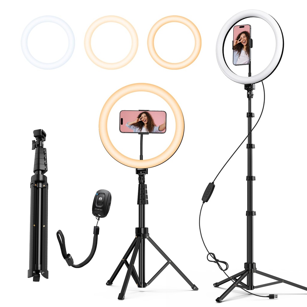ATUMTEK 12" Ring Light with Tripod Stand, 63" Extendable, 3 Light Modes & 10 Brightness Levels
