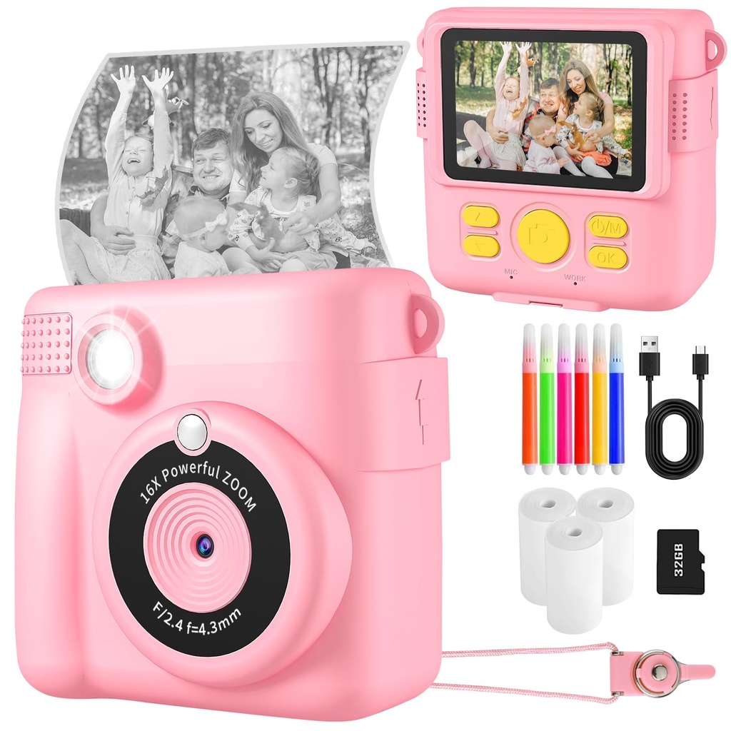 Instant Print Camera, Kids Camera Digital Camera 1080P HD Photo and Video Recording with 32G