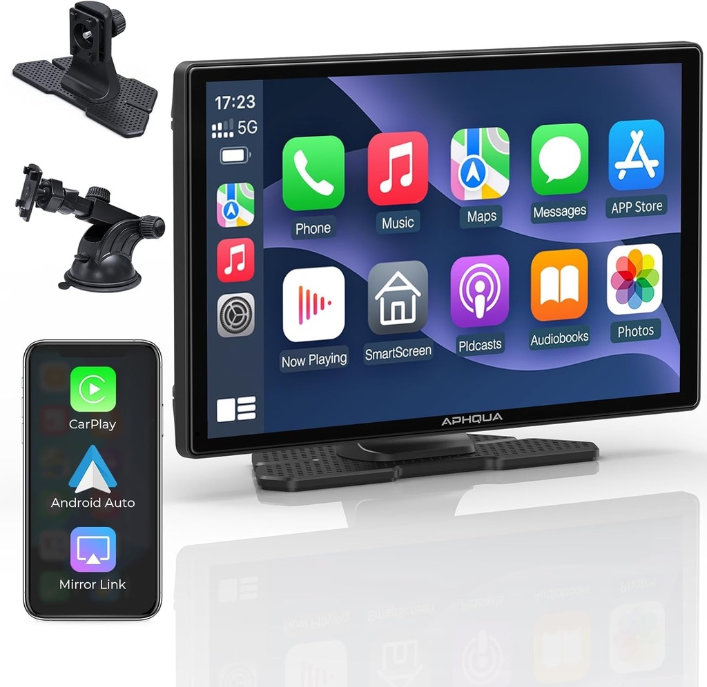 APHQUA Carplay Screen for Car, 9'' Wireless App-le Carplay & Android Auto Car Stereo, Portab