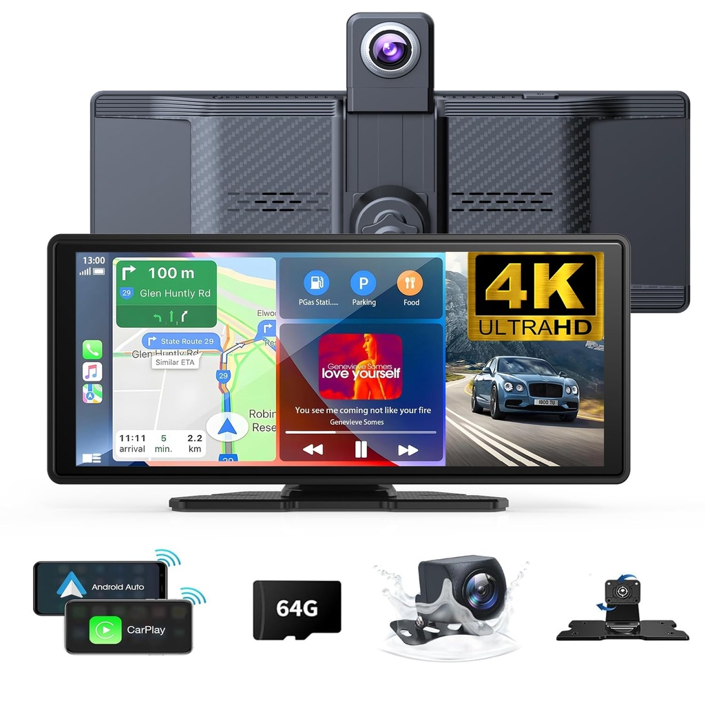 10.26" Wireless Carplay Screen 360 Rotation 4K Dash Cam Carplay & Android Auto Car Stereo