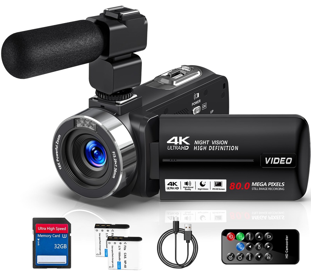 Delmodes 4K Video Camera Camcorder 80MP 18X Digital Zoom IR Night Vision Vlogging Camera, 3