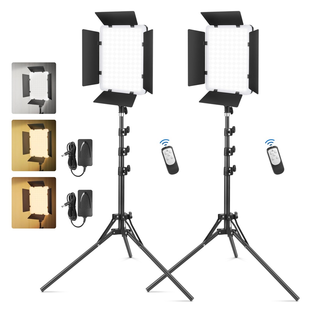 2-Pack LED Video Light Kit with Barn Doors, Foccalli Photography Studio Lights with Remote B