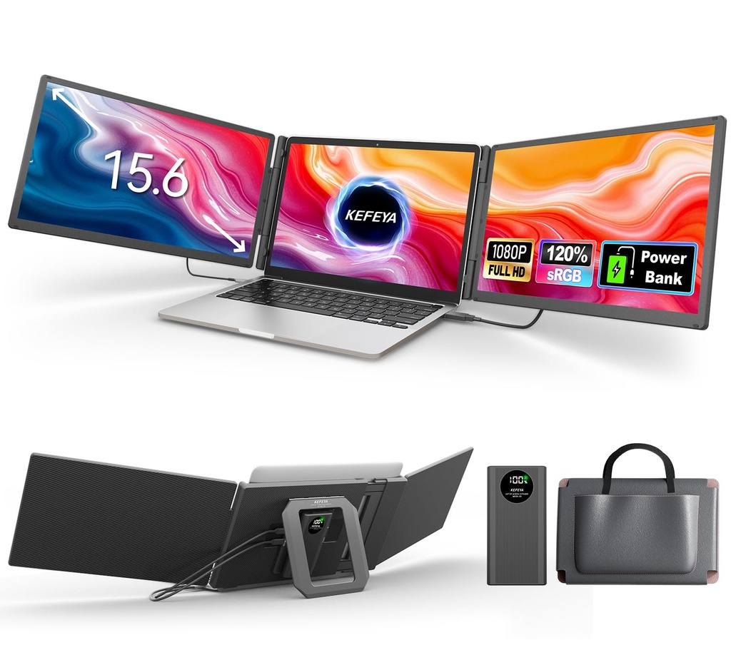 KEFEYA 15.6" Laptop Screen Extender with Power Bank, FHD 1080P IPS Triple Laptop Monitor