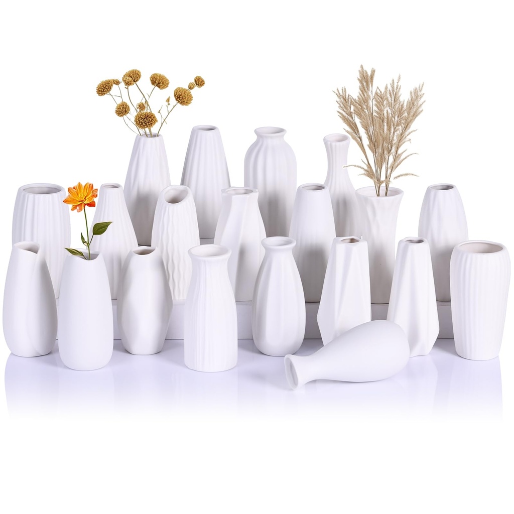 LCCCK Small White Vase Set of 20 for Table Centerpiece, Ceramic White Bud Vases Paintable, B