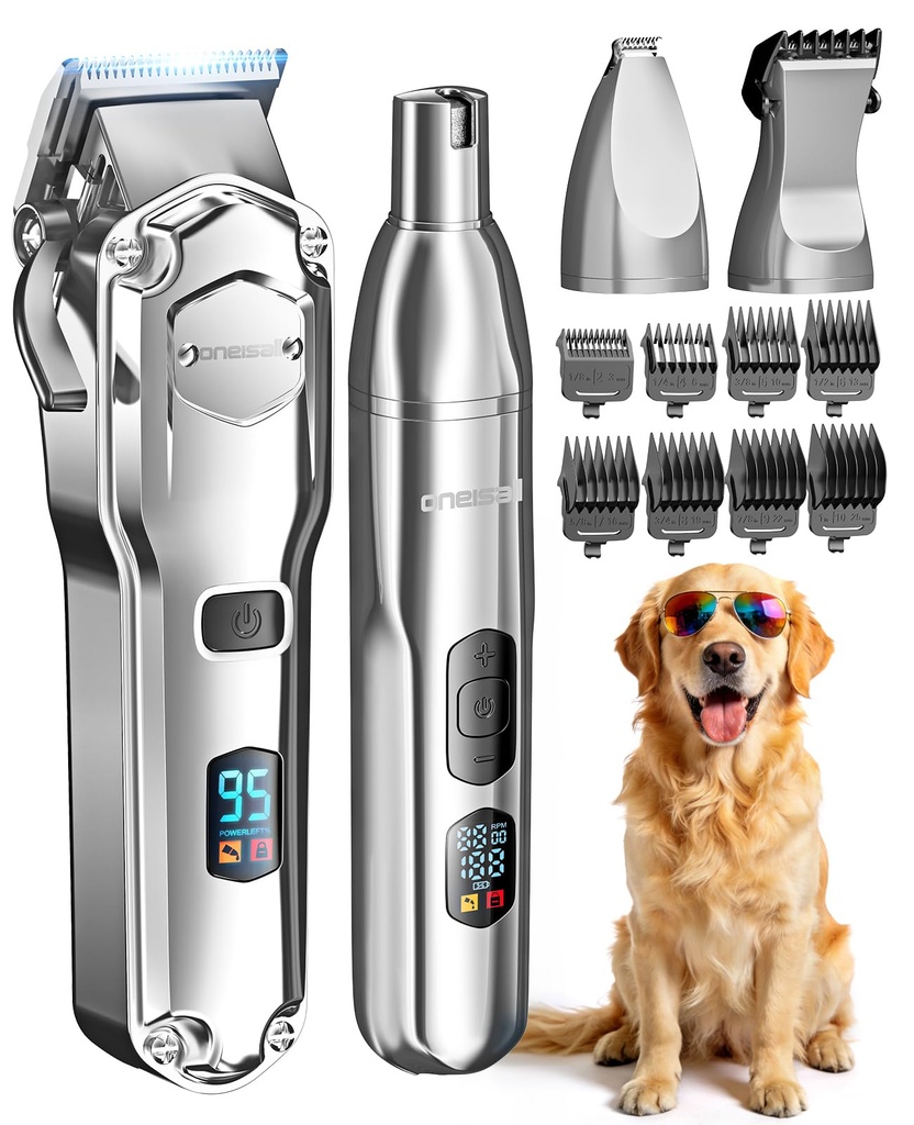 oneisall Dog Grooming Kit 4 in 1, Dog Clippers for Thick Hair with Stainless Steel Blade