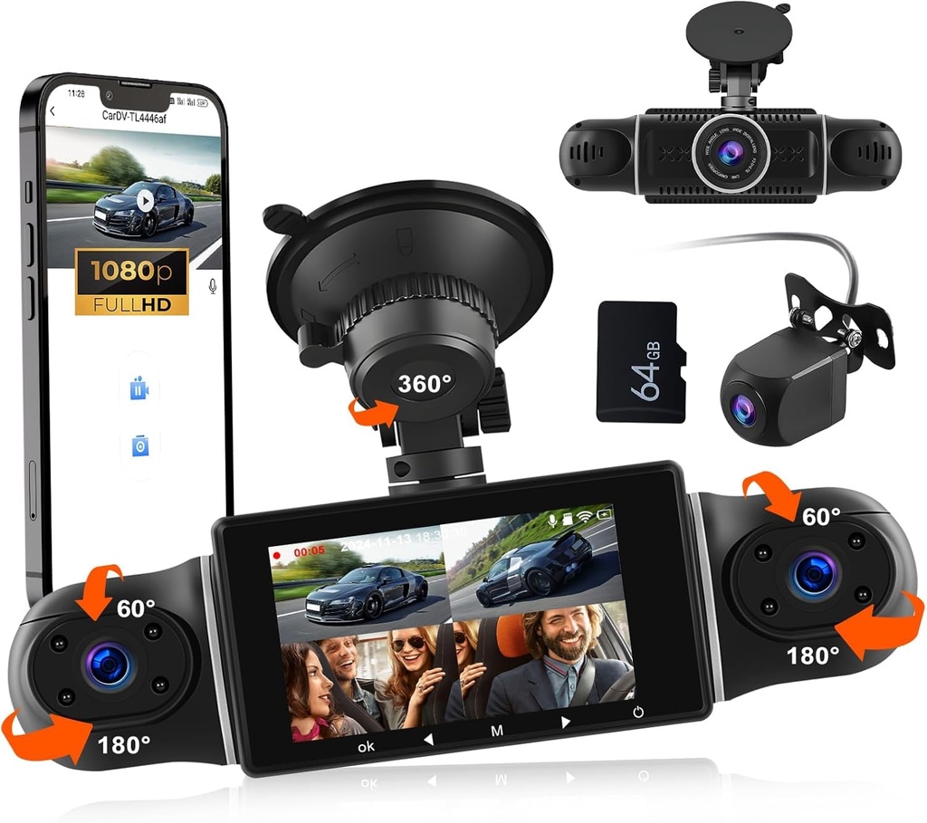 CAMECHO 4 Channel Dash Cam 360 Full Coverage, Front and Rear Dash Camera