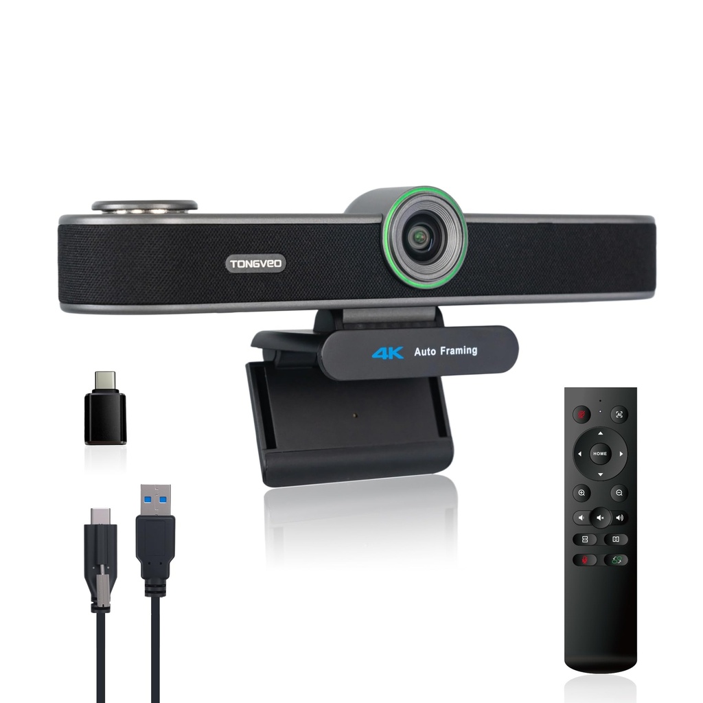 TONGVEO AI Tracking 4K Webcam 5X Zoomable for Conference TV Room System with 4 Mics and Speaker