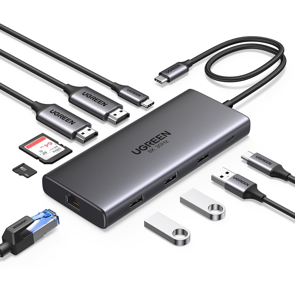 UGREEN Laptop Docking Station, Revodok Pro 210 USB C Hub (10-in-1), Dual 4K@60Hz HDMI, Sing