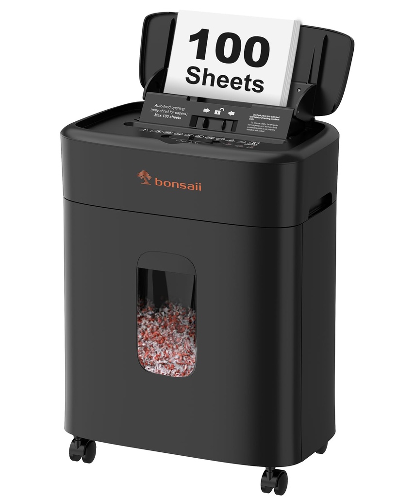 Bonsaii 100-Sheet Auto Feed Paper Shredder, P-4 Micro Cut Heavy Duty shredder, Up to 30-Min