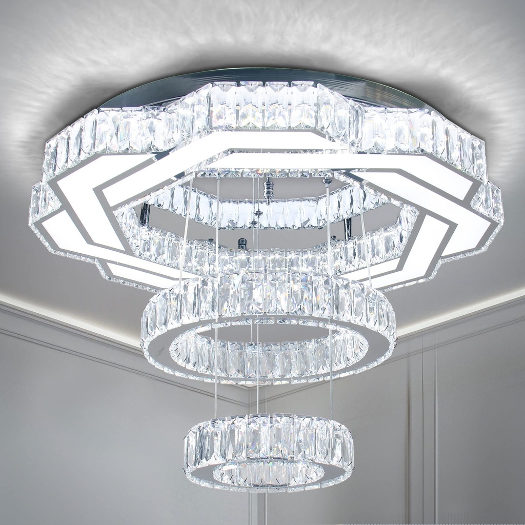 xychfantligh 15.7" Square Crystal LED Flush Mount Ceiling Light, 2-Tier Modern Chandelier