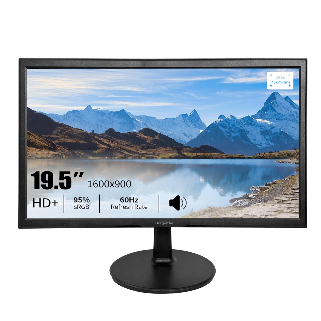 Dragolftie 19.5 Inch PC Monitor 1600x900, Dual Built-in Speakers, 5ms, Computer Screen Low-