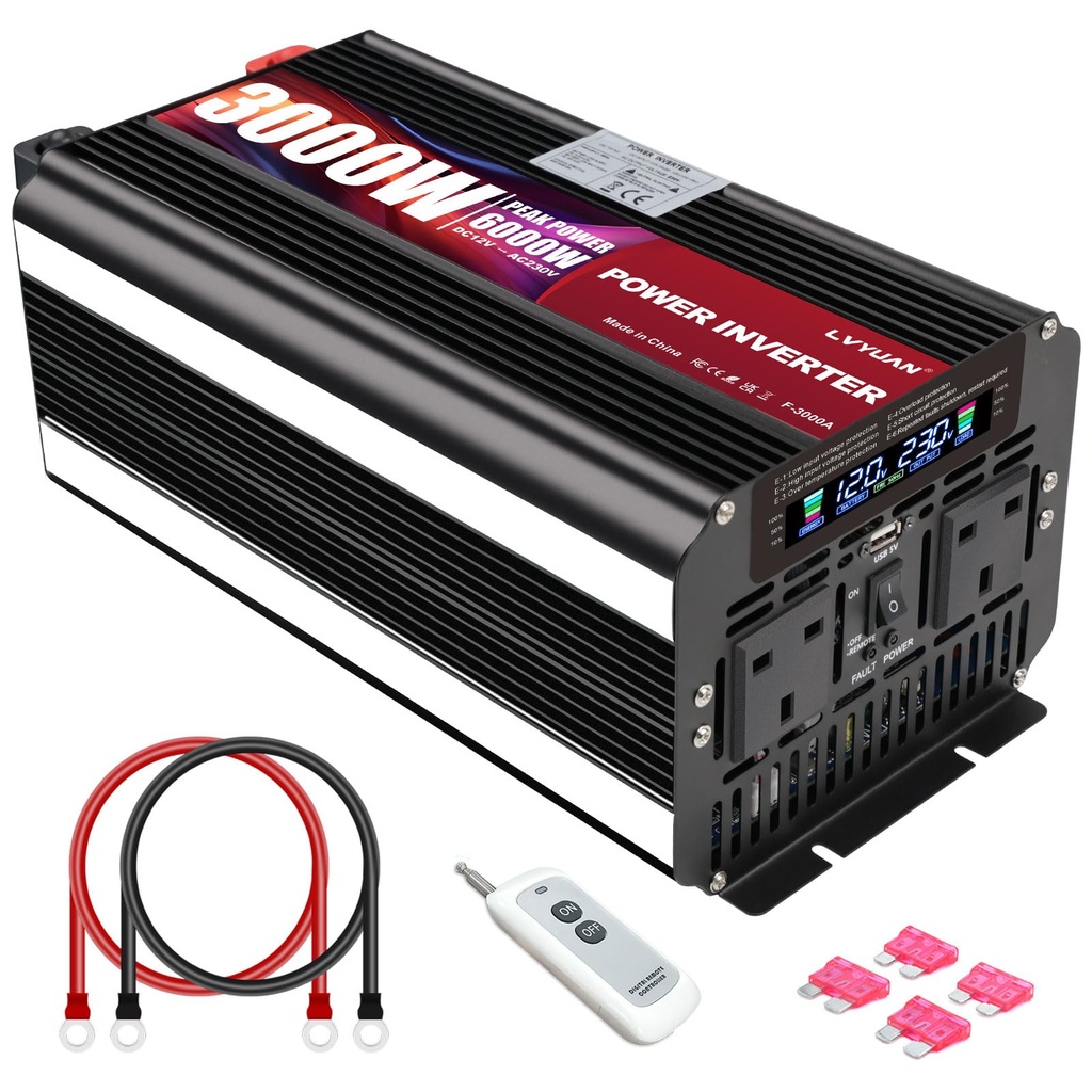 LVYUAN 3000W Power Inverter DC 12V to 240V AC Converter 6000W Peak with 2 AC Sockets 1 USB