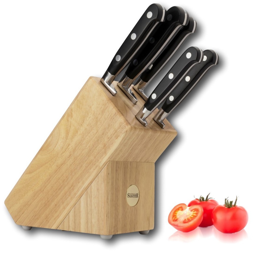 5 Piece Sabatier Professional Knife Block Set - Solid Wood Block, Full Tang, Quality High Ca