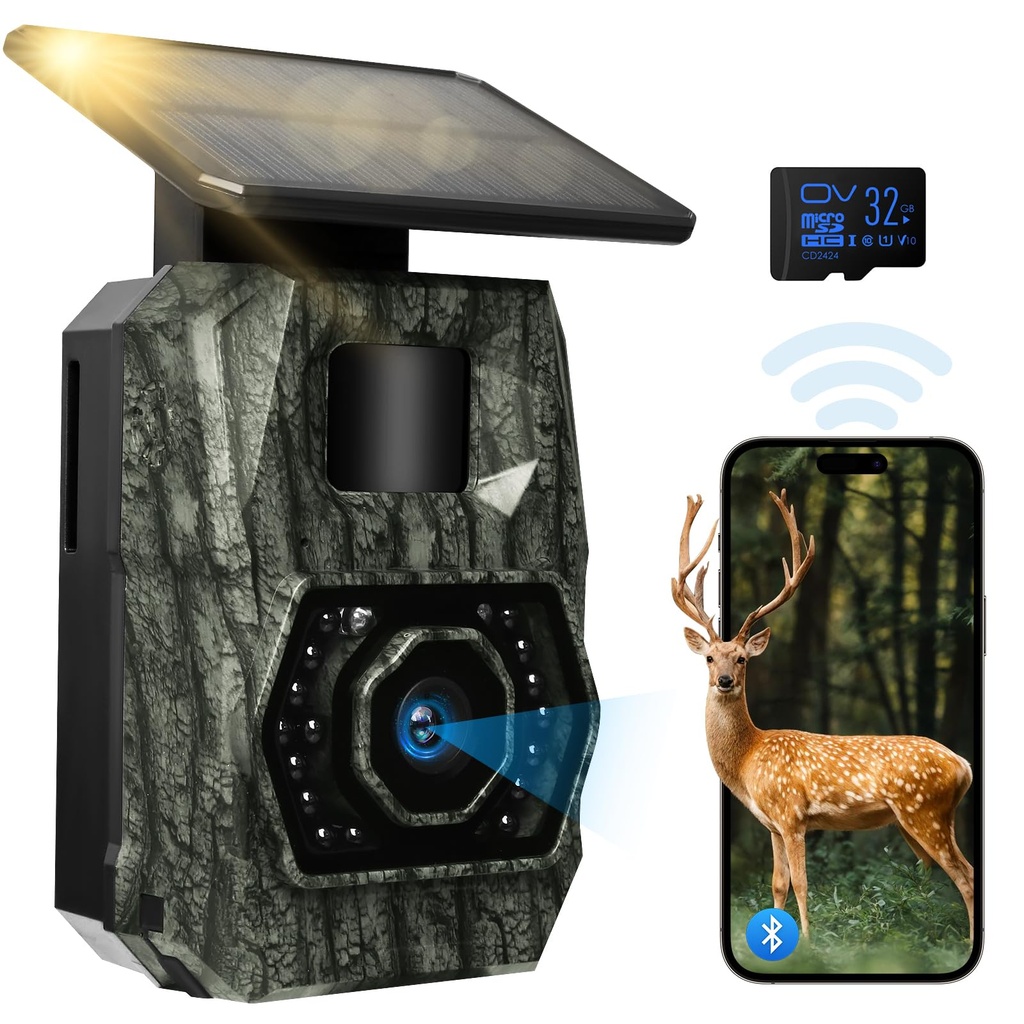MAXDONE Wildlife Camera WiFi Bluetooth, 48MP 30FPS Solar Trail Camera with Night Vision Motion