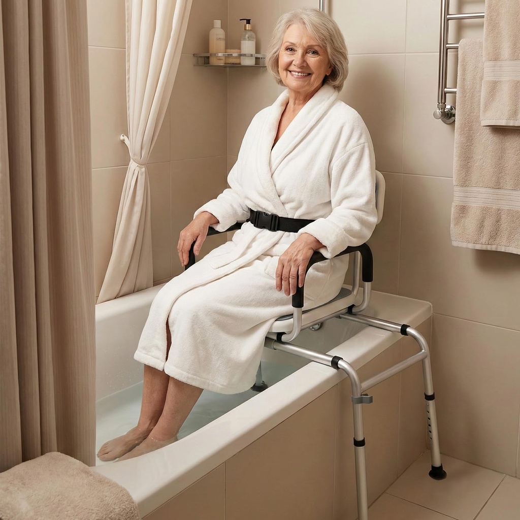 NEWTRY Sliding Bathtub Transfer Bench, 360Swivel Shower Chair with 12-Level Height Adjust