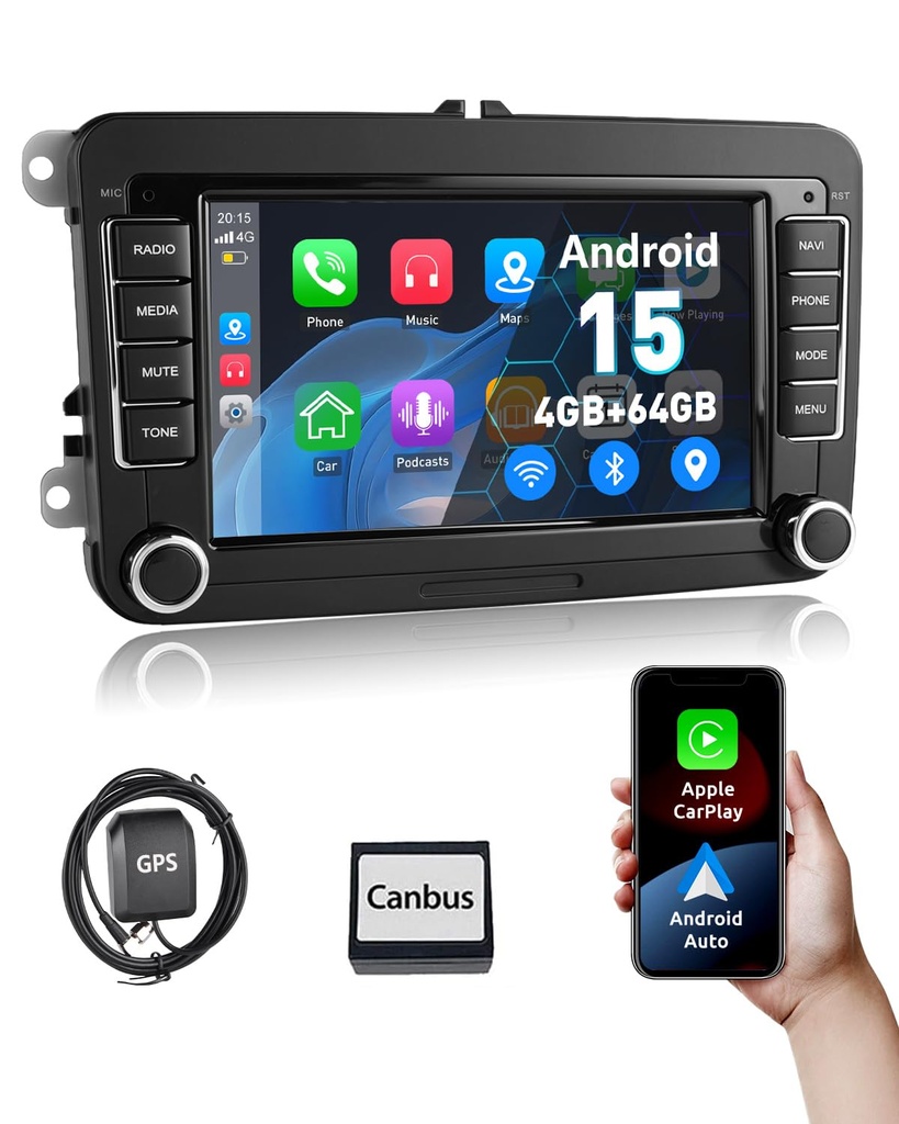 ESSGOO Android 15 4+64G Wireless CarPlay Androidd Auto Car Stereo Radio For VW Caddy Golf