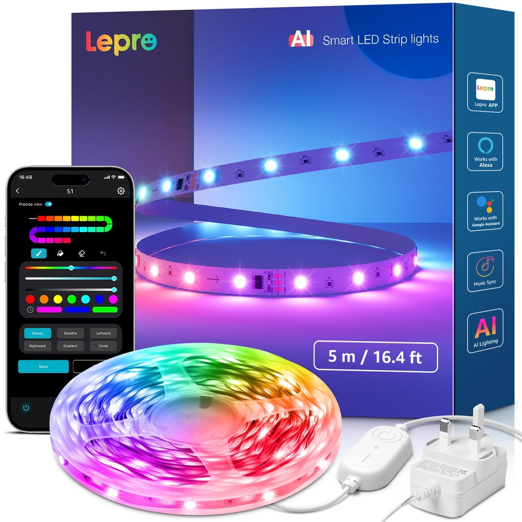 Lepro S1 AI Smart LED Strip Lights 5M RGB+IC, Works with Alexa & Google Assistant, Music Syn