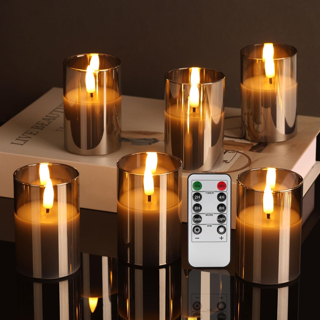 Eywamage Grey Glass Flameless Candles with Remote Timer, 6 Pack Flickering LED Votive Candl