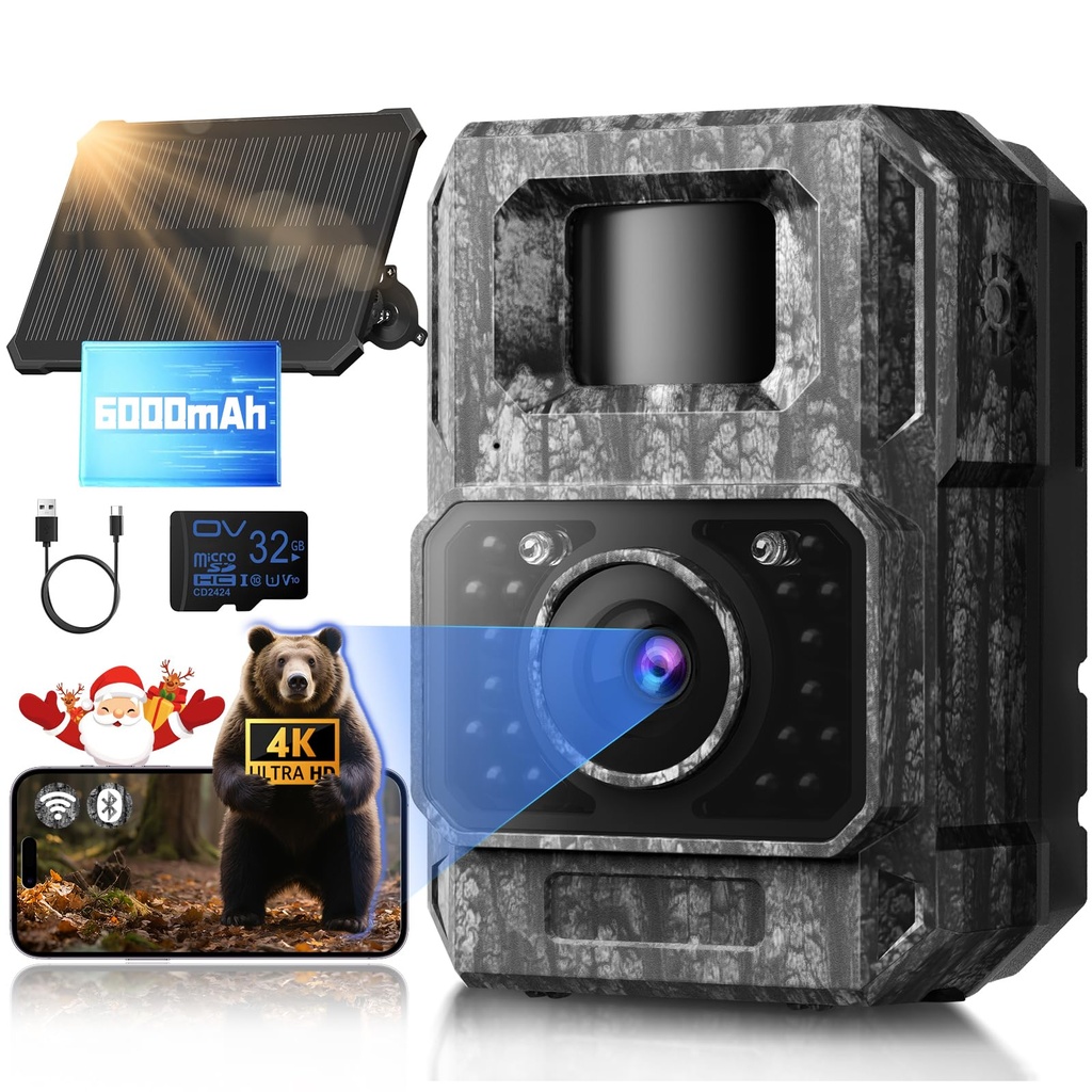 MAXDONE Wildlife Camera WiFi Bluetooth - 4K 64MP Solar Infrared Trail Camera with Night Visi