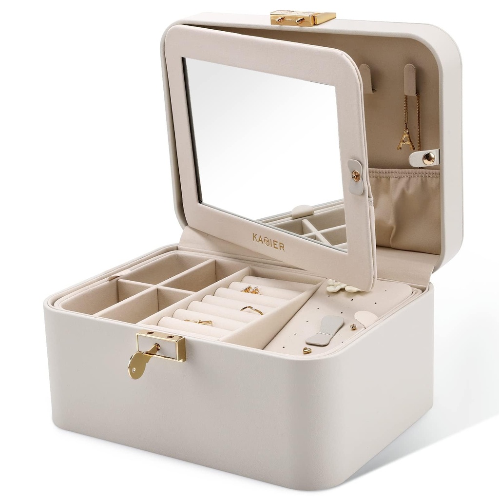KAMIER Jewelry Box, 2 Layers PU Leather Organizer, Large Capacity, Double Lock, Large Mirro