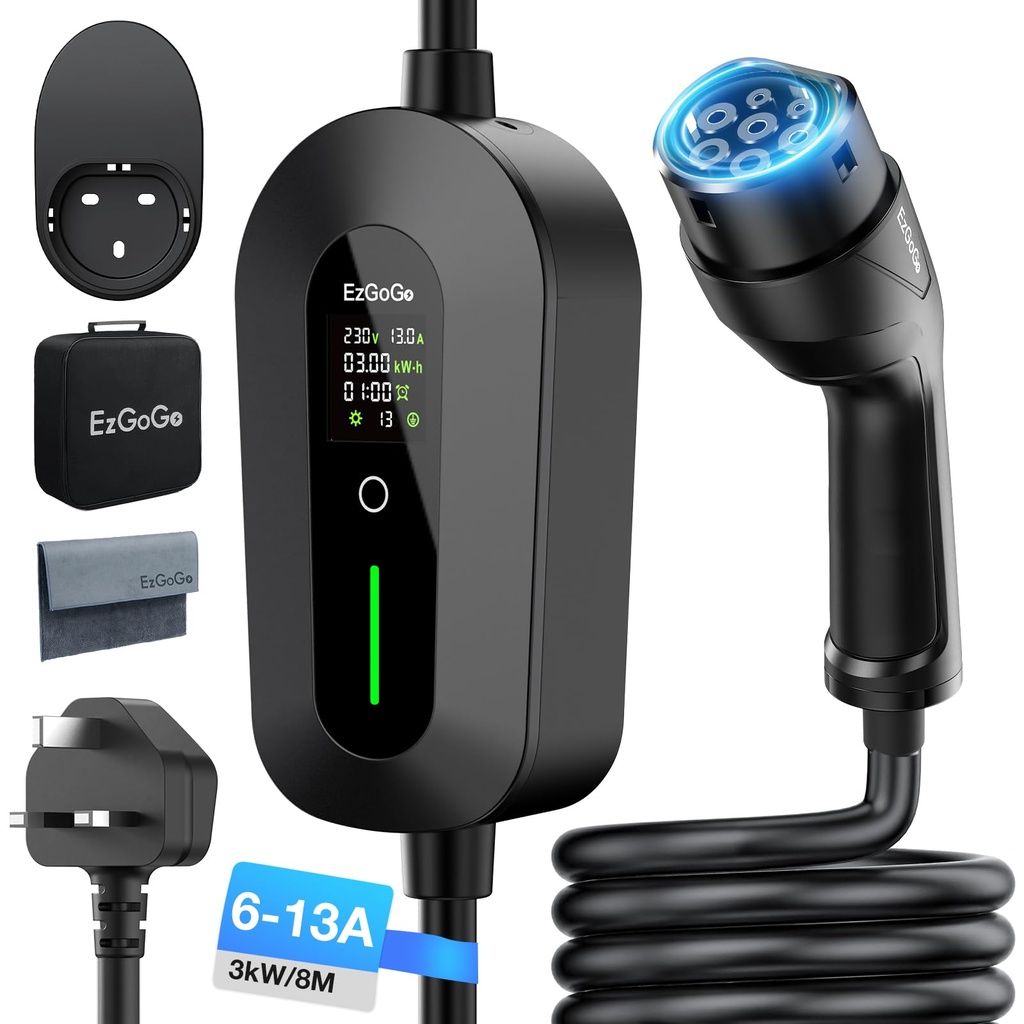 EzGoGo EV Charger Cable Type 2 to 3 Pin Plug 20Ft/6.1M Electric Car Charger 3kW, [6/8/10/13A
