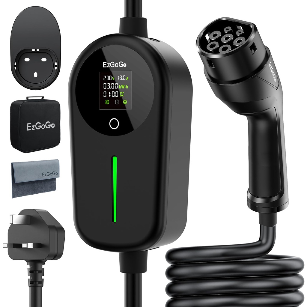 EzGoGo EV Charger 3 Pin Plug 32.81Ft/10M Type 2 Charging Cable 3kW, [6/8/10/13A] Electric Ca