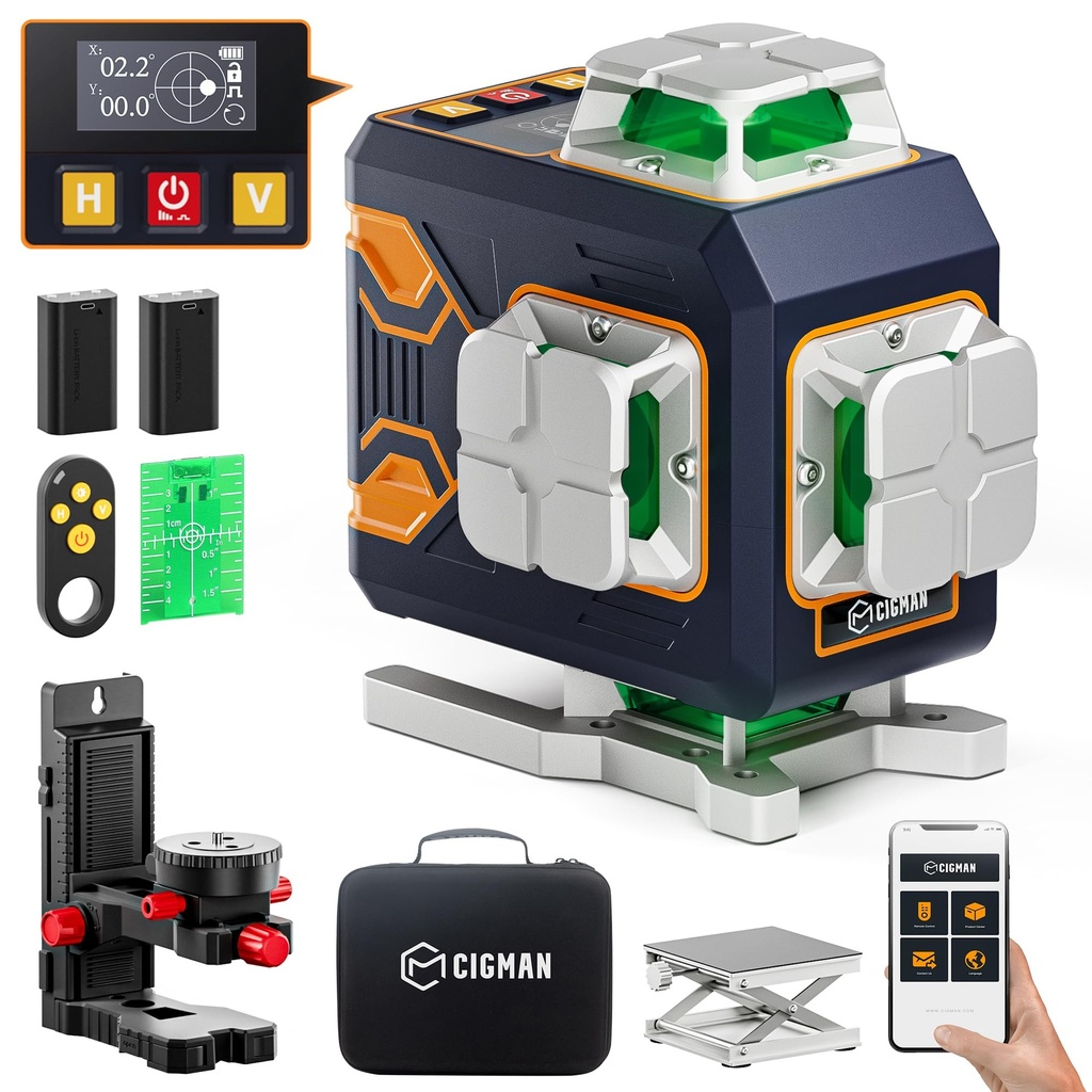 CIGMAN Bluetooth Wireless Green Laser Level - Remote Control by APP, 4x360° Self Levelling