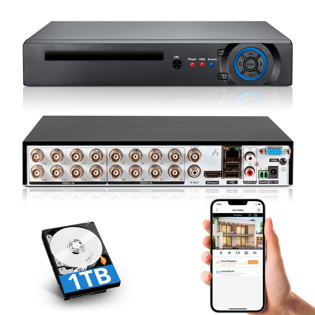 TOWODE 16 Channel CCTV Camera System Surveillance Video Recorder with 1TB Hard Drive, 16CH DV