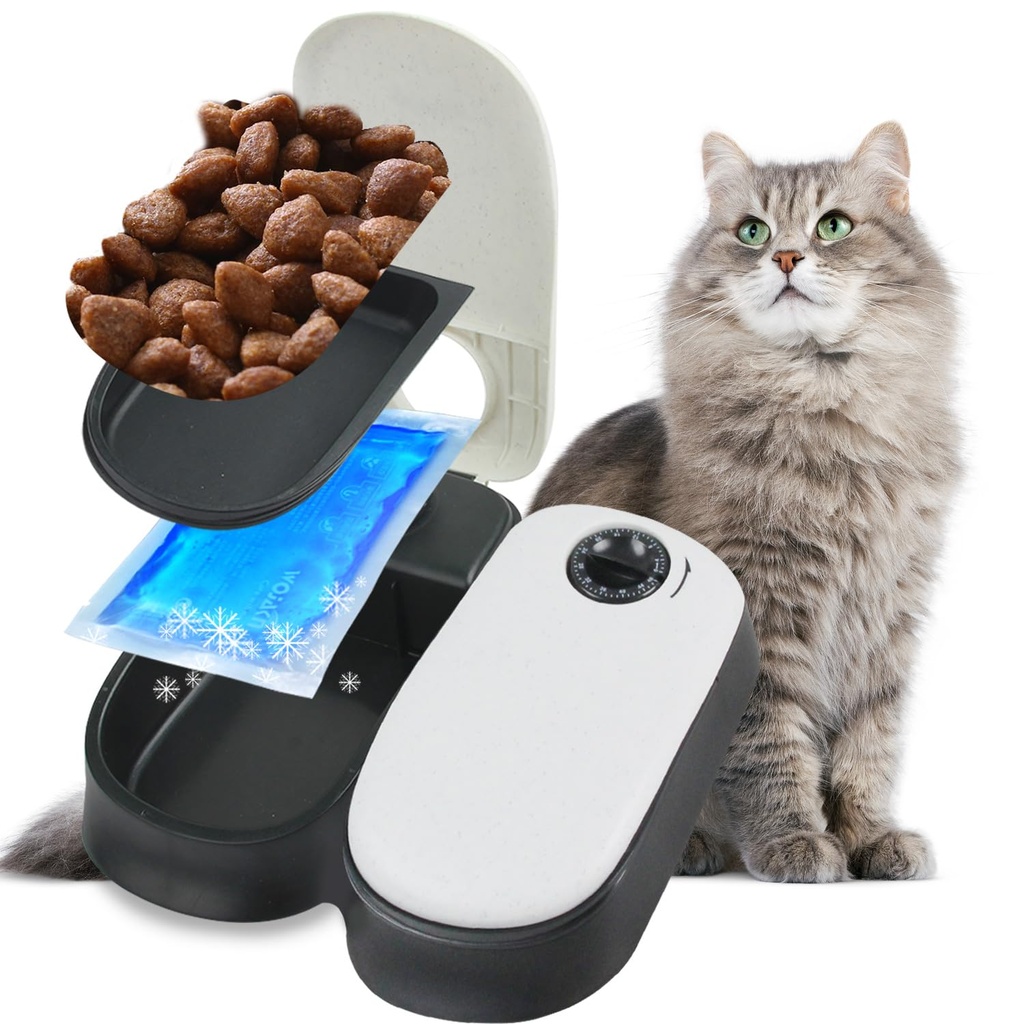 Pawise Automatic Cat & Dog Feeder with Ice Pack, 2-Meal Pet Wet & Dry Food Dispenser with 4