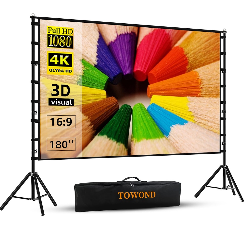 TOWOND Projector Screen and Stand, 180 inch Projector Screen Outdoor 16:9 HD Rear Front 