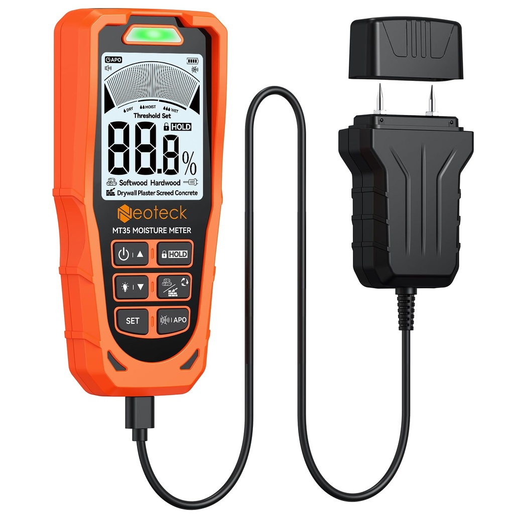 Neoteck 2-in-1 Moisture Meter Pinless & Pin, Digital Damp Detector with Colour Display