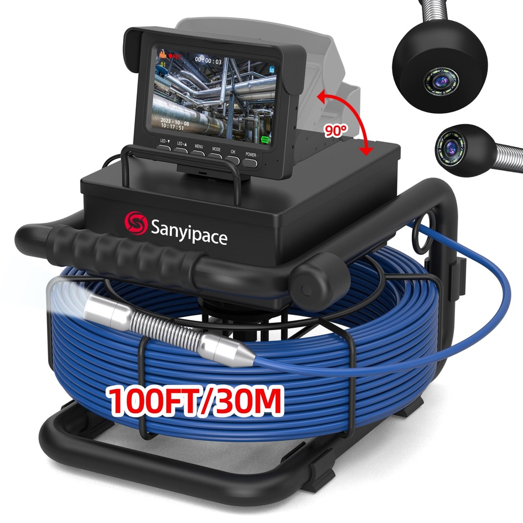 Sanyipace Sewer Camera 30m, 17mm Pipe Inspection Camera with Adjustable Light, DVR & Audio 