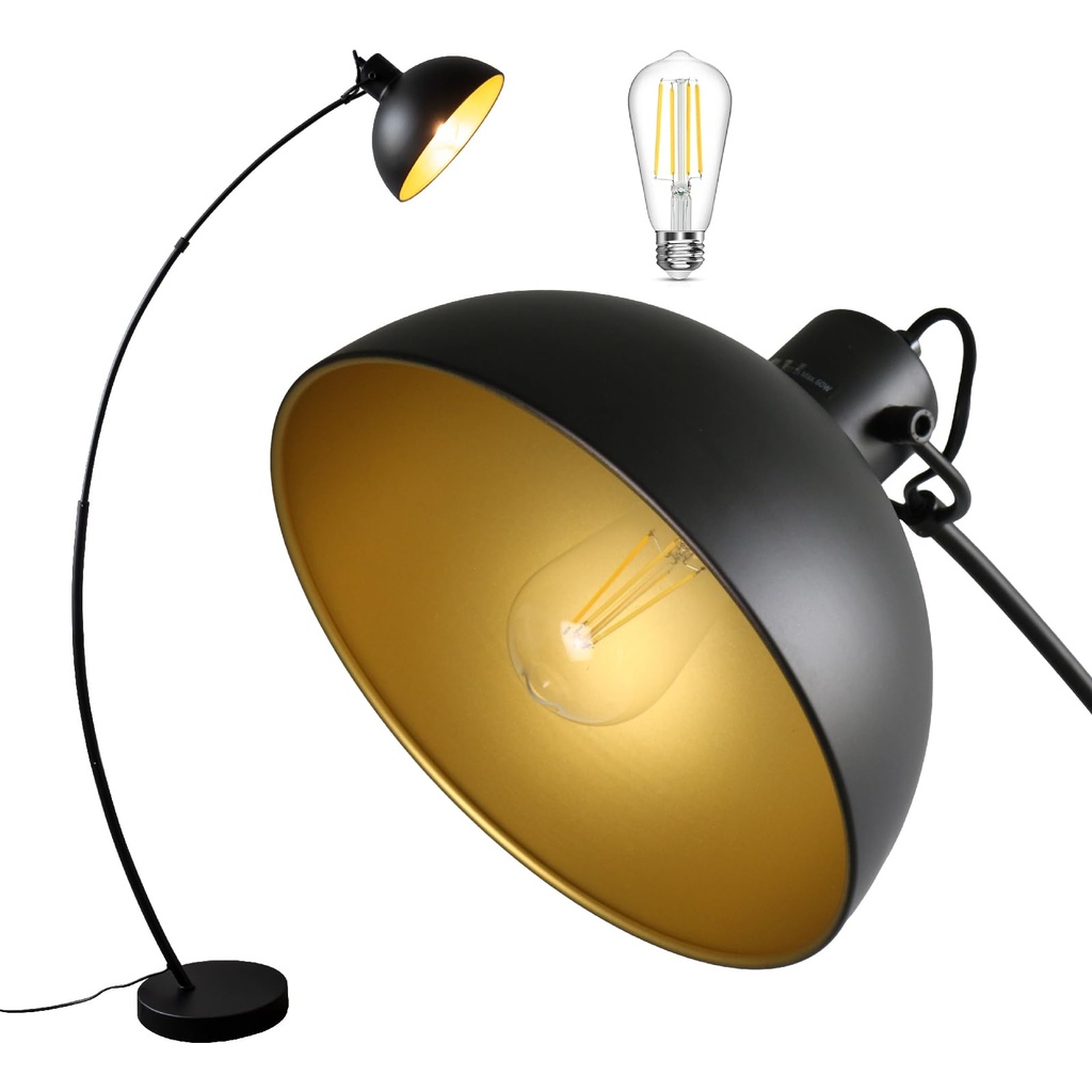 Osasy Arc Floor Lamp LED, Black Metal with Gold Interior, 6W LED Compatible, Adjustable