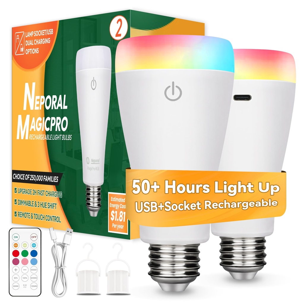 Neporal MAGICPRO Smart Rechargeable Light Bulbs with Remote, USB+Socket Rechargeable, 2 Hrs