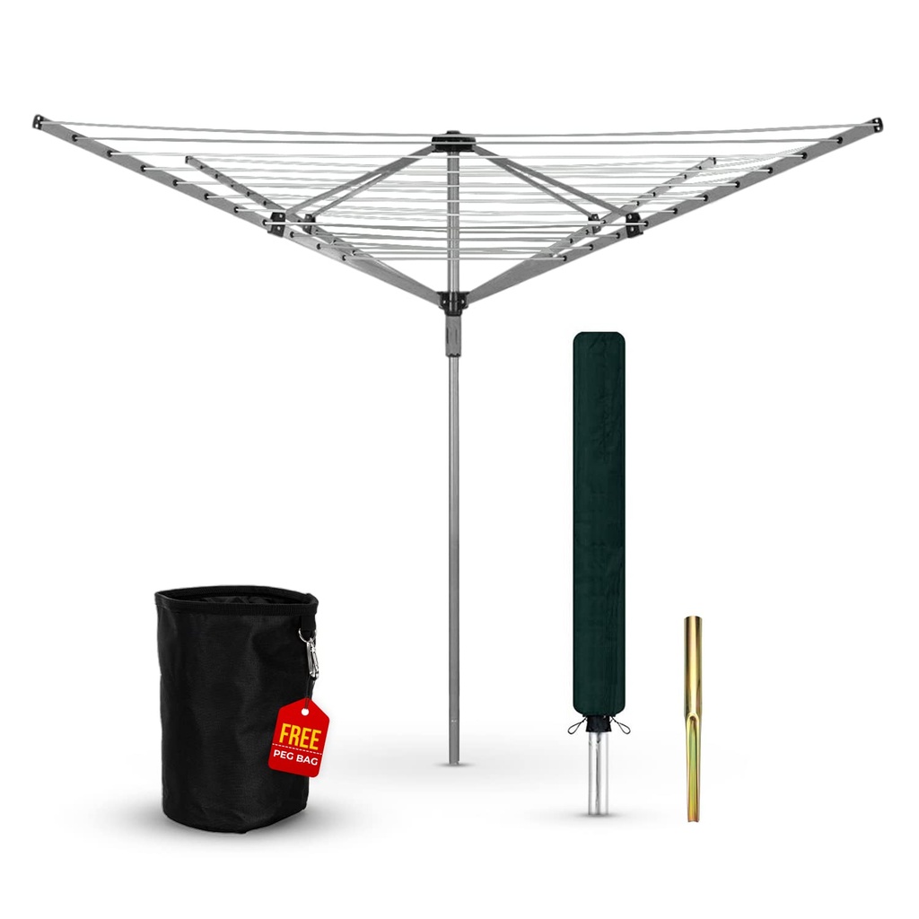 Heavy Duty Rotary Washing Line Outdoor, 4 Arm 60M Washing Line Rotary with Peg Bag, Metal G