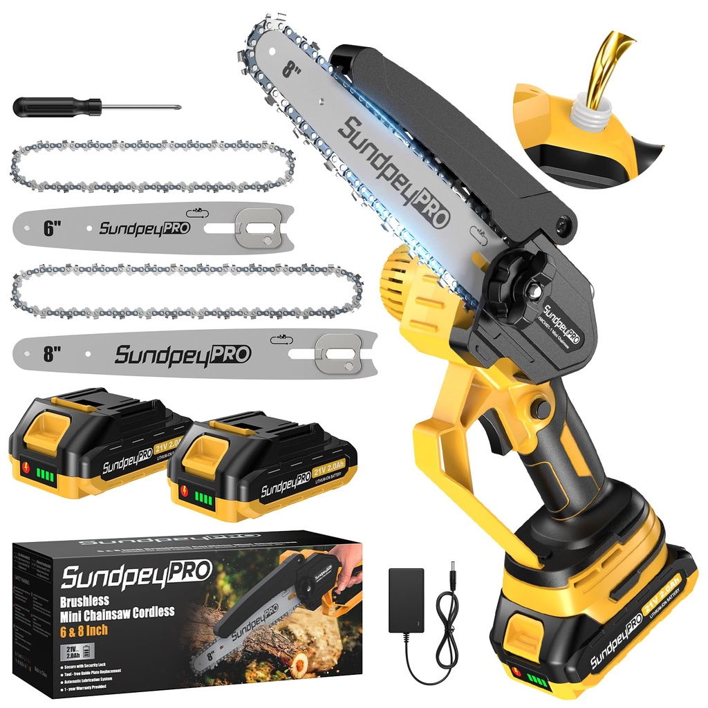 SundpeyPRO Mini Chainsaw Cordless 6&8 Inch - Brushless Electric Chainsaw with 2x2.0Ah Battery