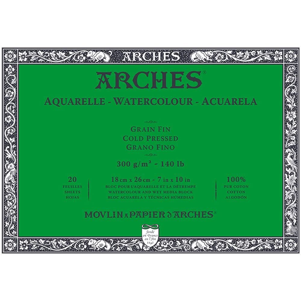 Arches - A1795058 - Watercolour Paper Block - 7" x 10" - 20 Sheets - 300gsm - Cold Pressed