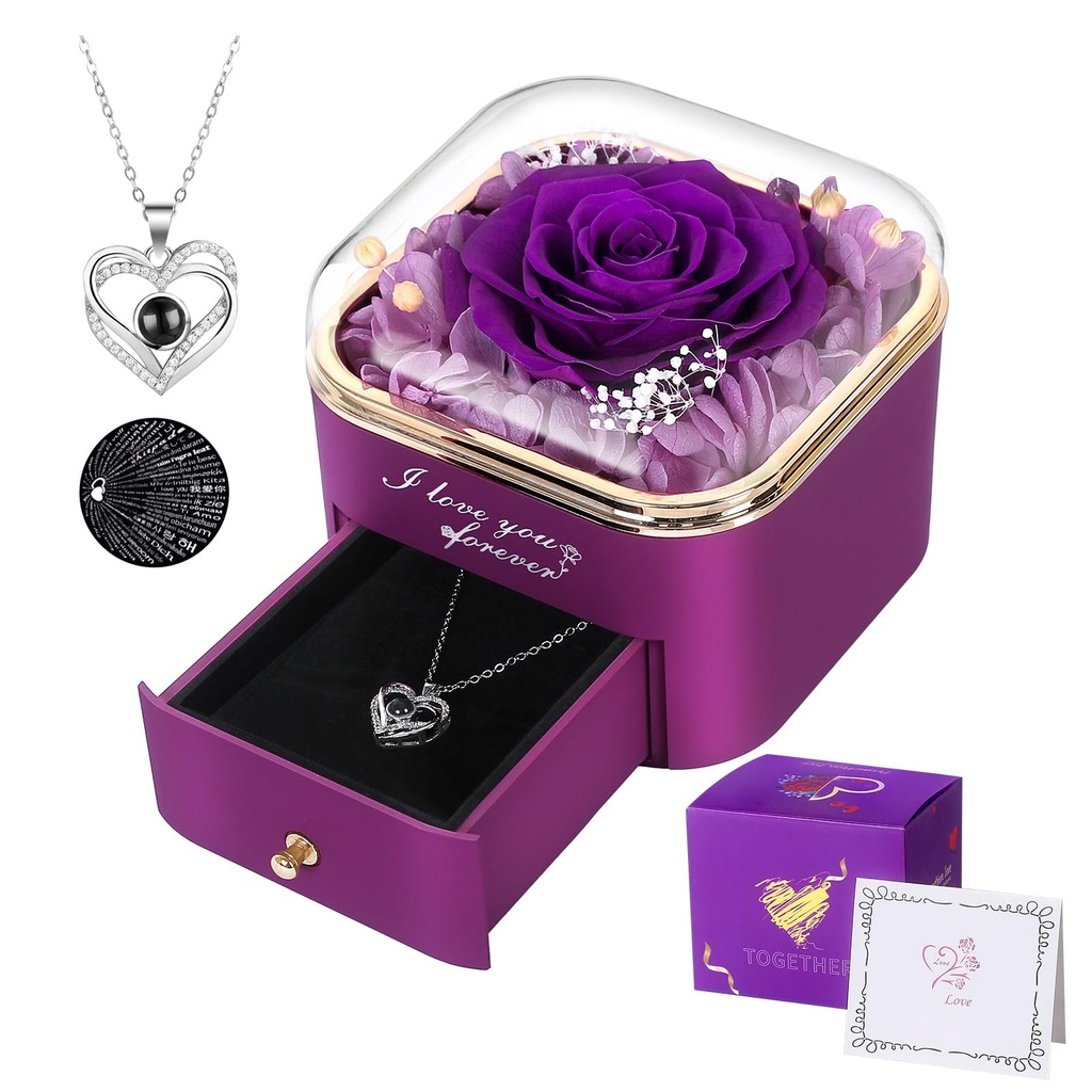 Firestyle Preserved Purple Real Rose with I Love You Necklace in 100 Languages-Eternal Flow