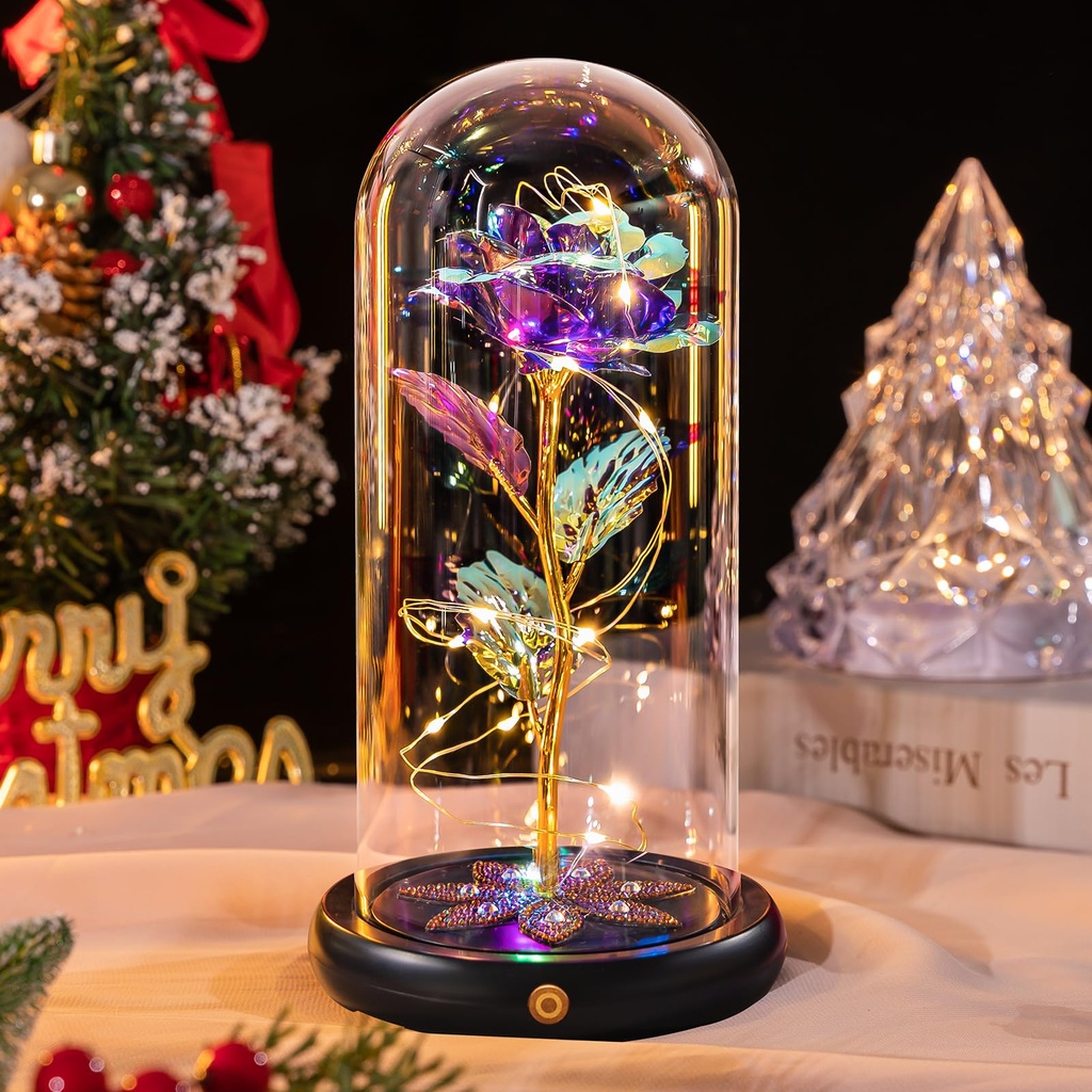 Beferr Gifts for Mum,Birthday Rechargeable Rainbow Light Up Rose in A Glass Dome, Birthday