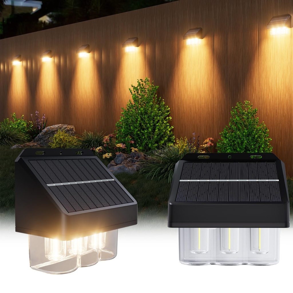 EDISONFIRE Solar Fence Lights Outdoor, 6 Pack Wall Lights for Garden, IP67 Waterproof, Warm