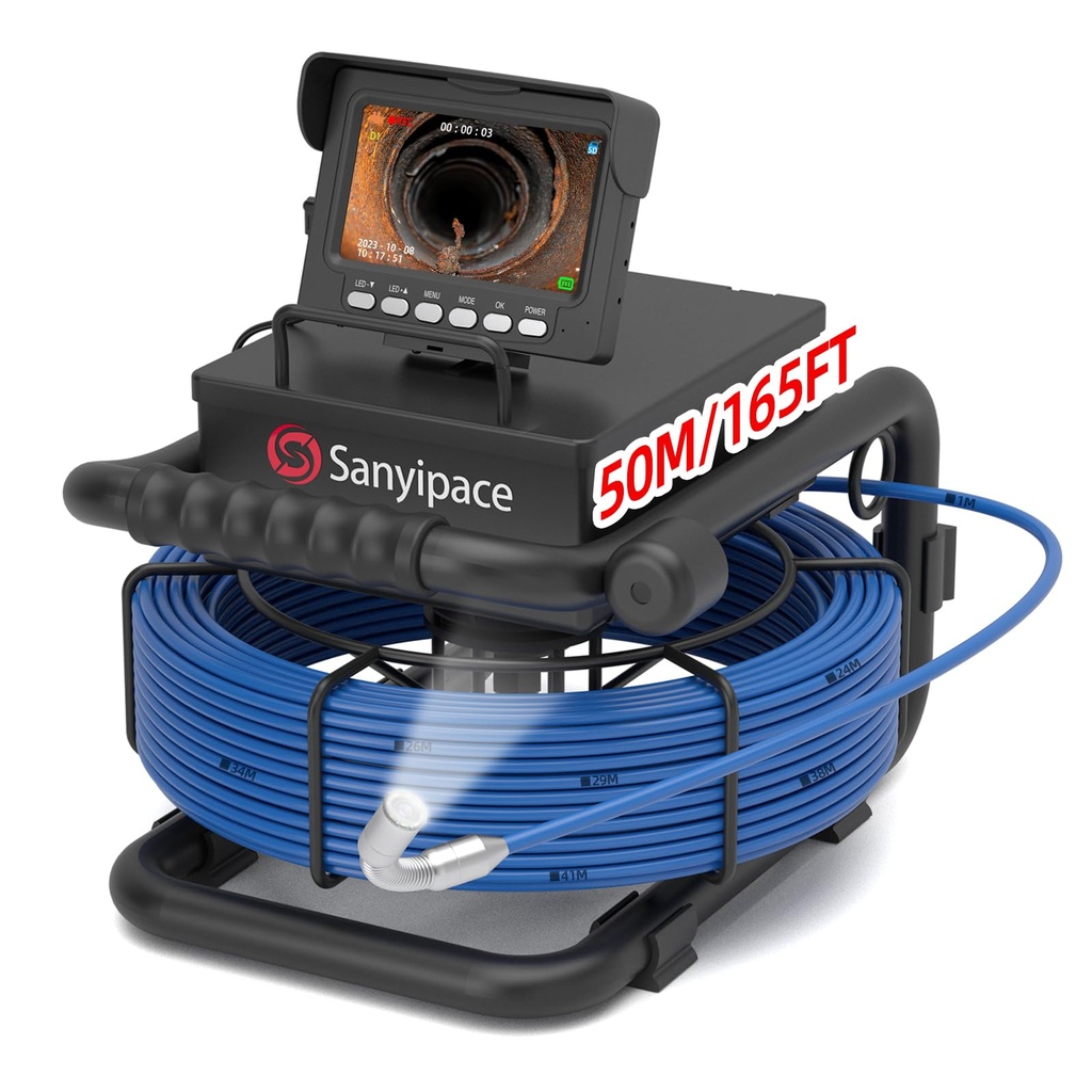 Sanyipace Sewer Camera 50m, 17mm Pipe Inspection Camera with Light, DVR & Audio Recorder, 5