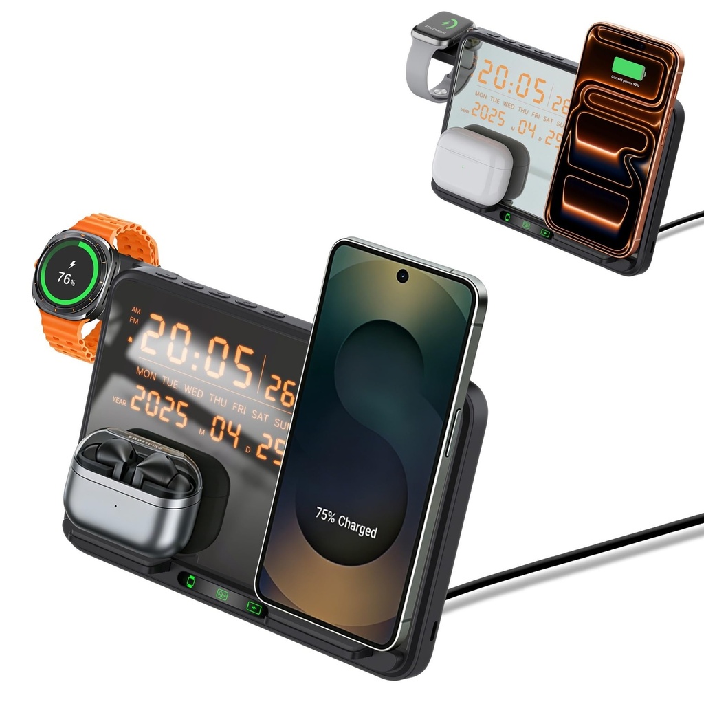 3 in 1 Wireless Charger Charging Station with Digital Alarm Clock, Fast Charge for iPhone,Ai