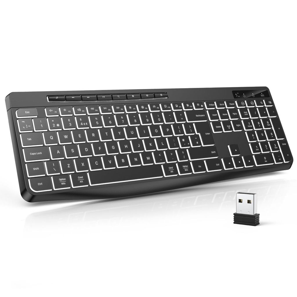 TECURS Wireless Keyboard White Backlit, 2.4G Silent Keyboard Wireless Gaming with Multimedia