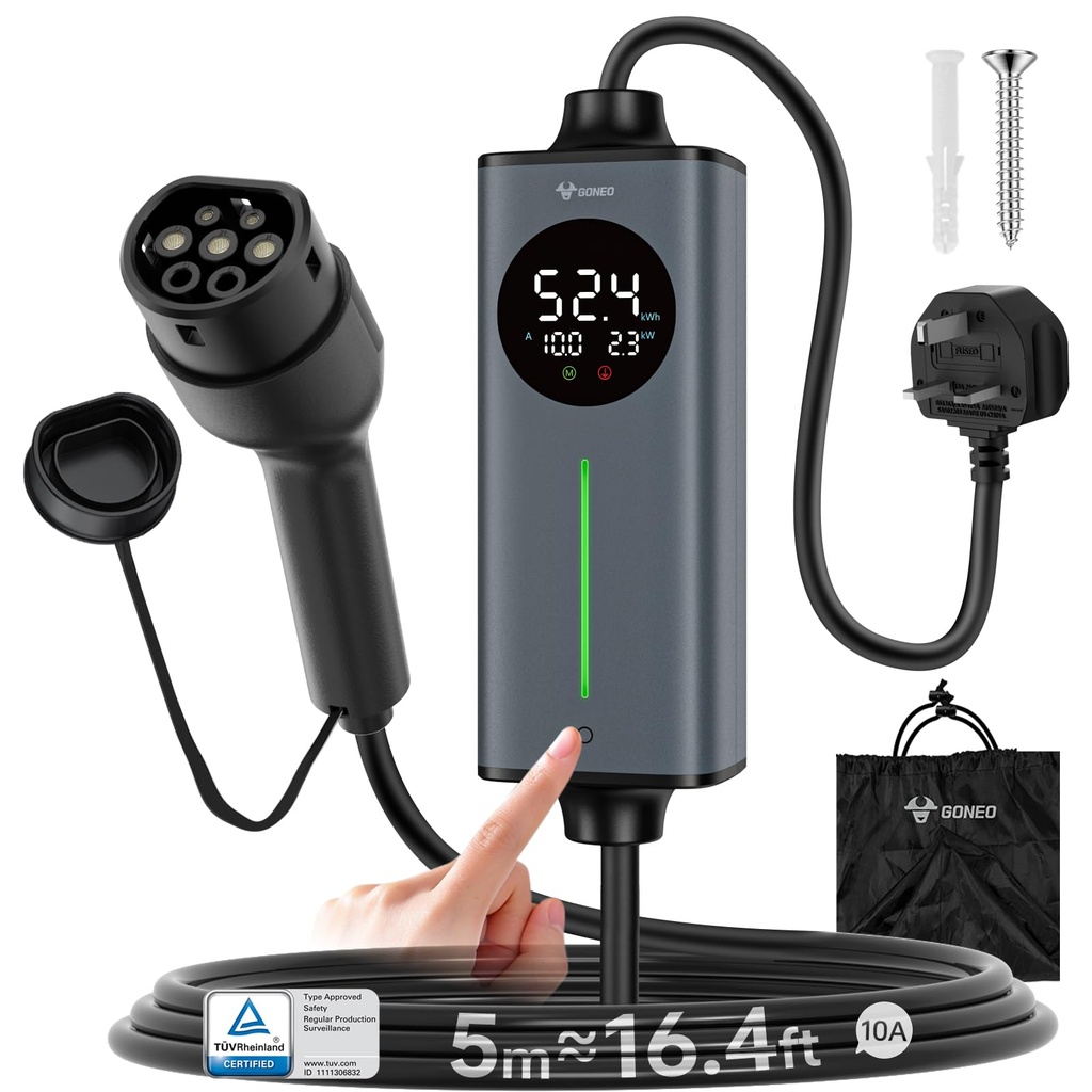 GONEO Portable EV Charger 5M, 3-Pin UK Plug to Type 2 | Temperature Monitor,AC 30mA+DC 6mA