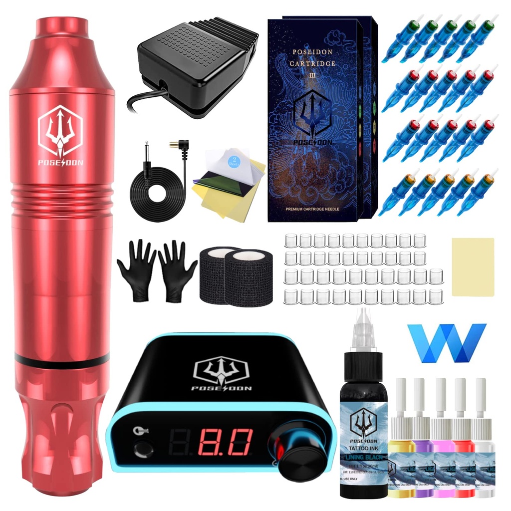 POSEIDON Rotary Tattoo Pen Kit for Beginners & Artists - Complete Tattoo Machine Set with Po