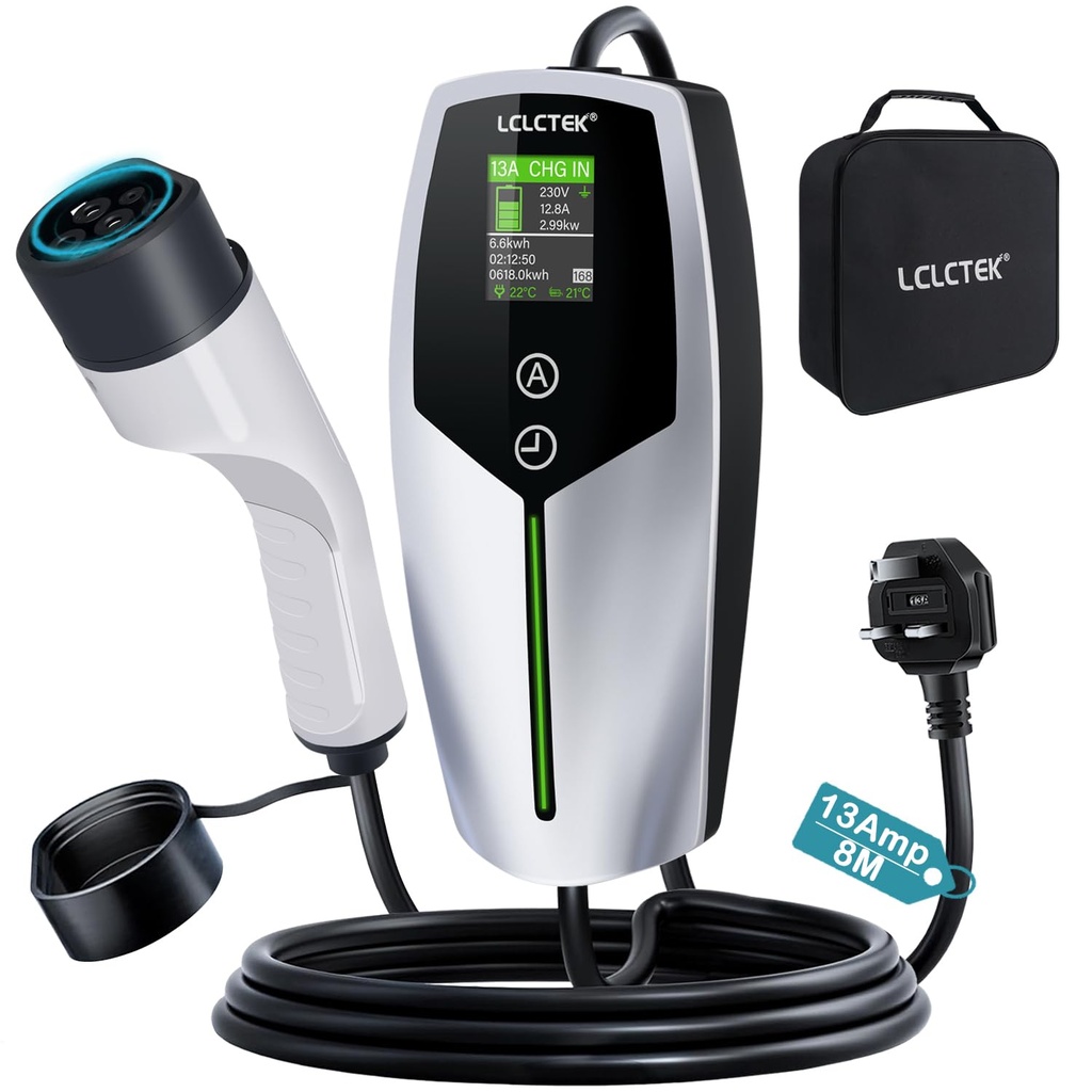 LCLCTEK?Â« 3KW EV Charger Cable Type 2 to 3 Pin Plug 8m/26Ft,Portable UK 3 Pin EV Charger
