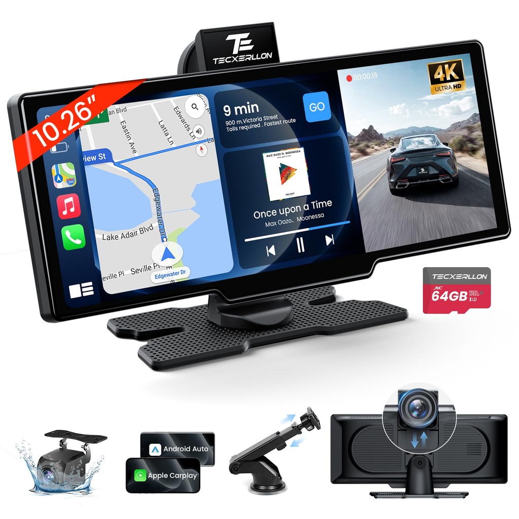 TECXERLLON 10.26'' Wireless Carplay & Android Auto, Apple Car play Screen with 4K Front 