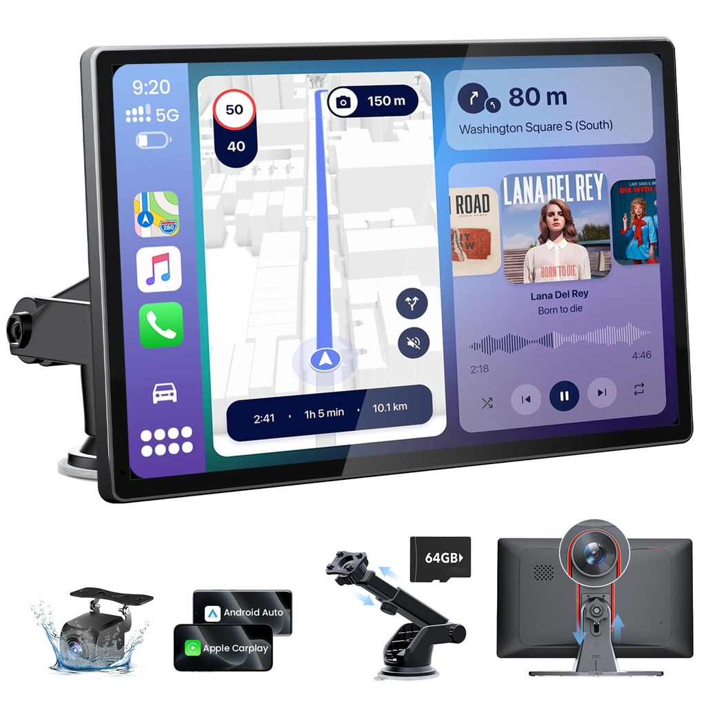 9.0'' Wireless Carplay Screen for Car with 4K Dash Cam & 1080P Backup Camera, Touchscreen