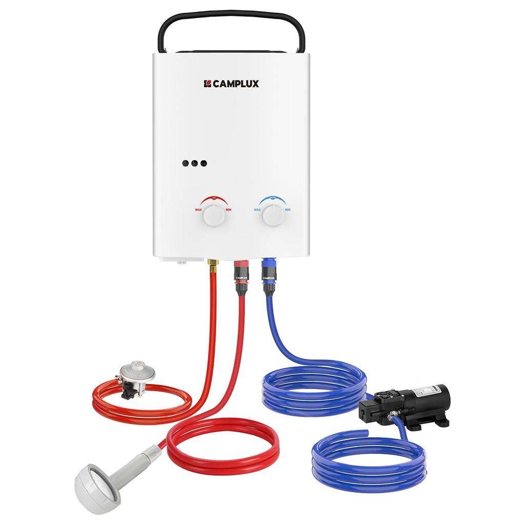 CAMPLUX AY132P43 5L Portable Gas Water Heater with 4.3L Water Pump 12V,Tankless LP Gas Boil
